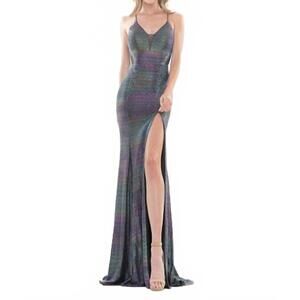 NEW COLORS DRESS long spaghetti strap metallic prom gown in turquoise multi